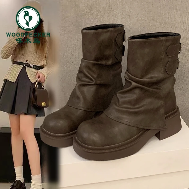 啄木鸟潮牌厚底黑色马丁靴女2024新款春秋单靴时尚裤管堆堆靴短靴