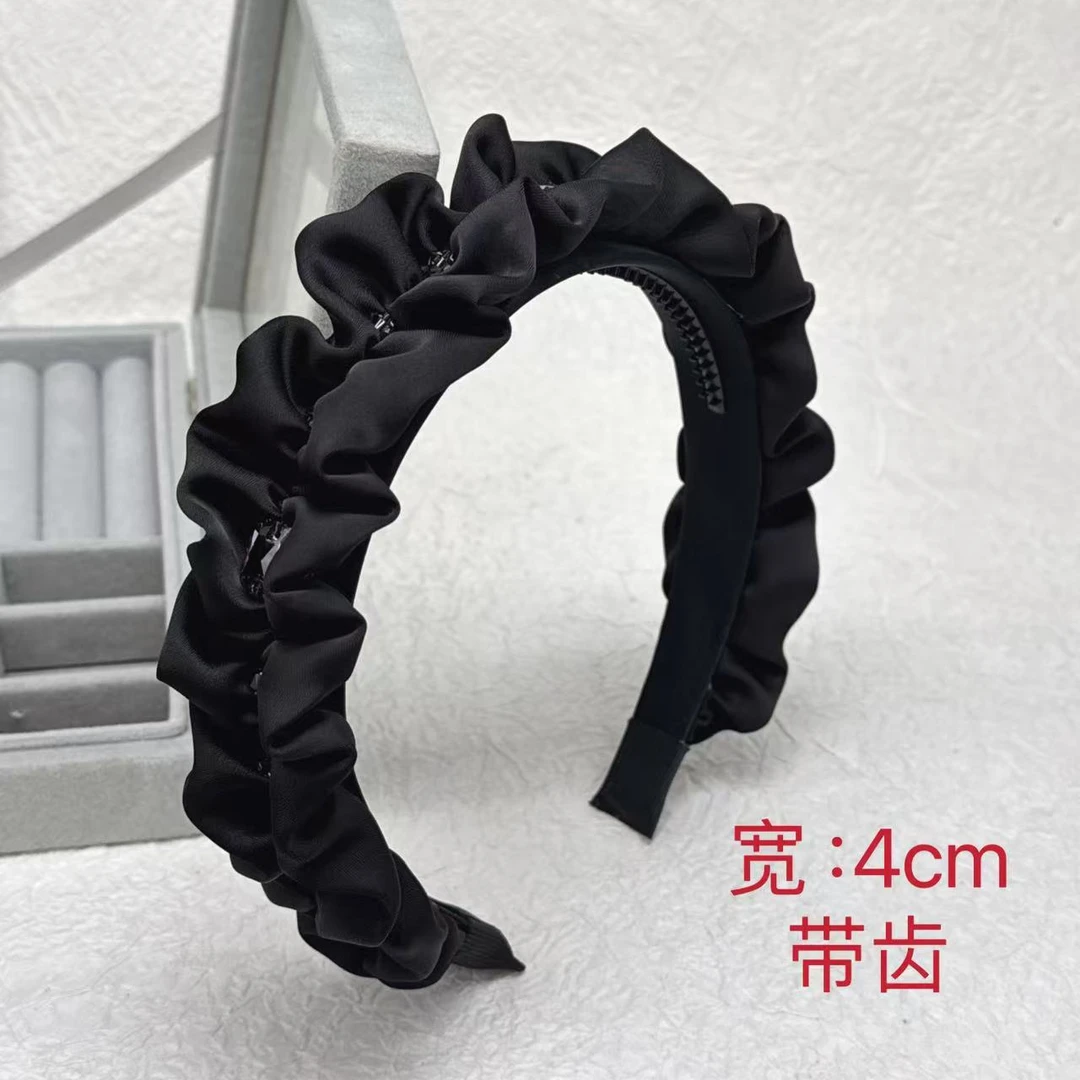 K529韩版时尚百搭发饰黑色高颅顶轻奢带齿发箍复古纯色缎面头箍