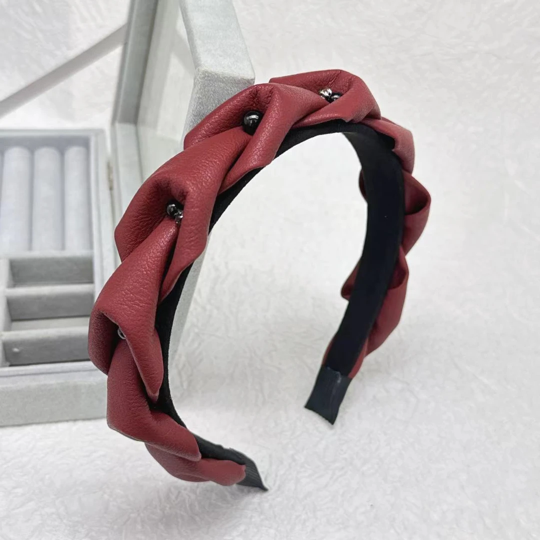 K458秋冬皮质轻奢发饰安可拉红复古细边时尚发箍气质手工编织头箍