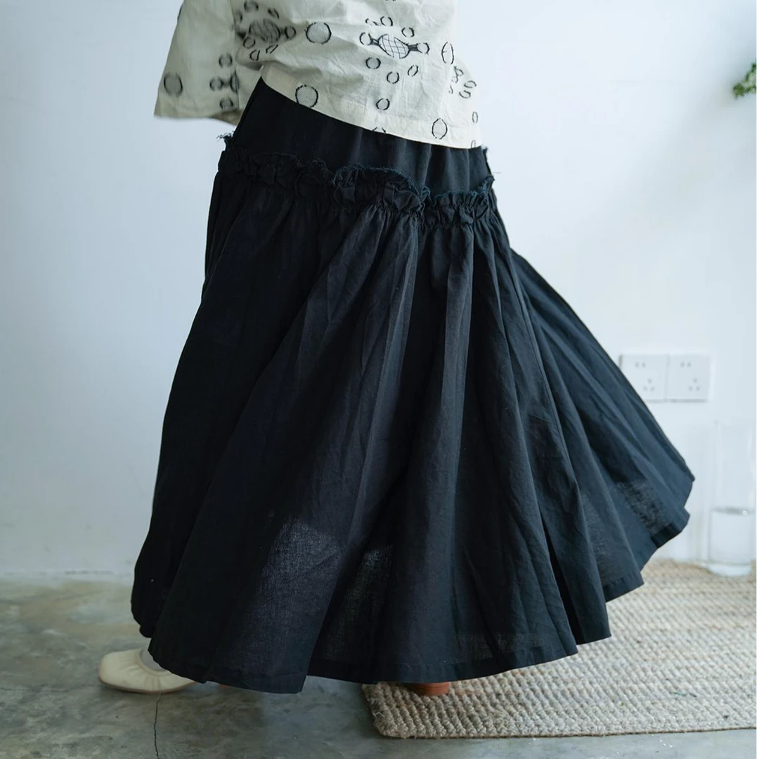 80麻20棉 黑色荷叶边文艺田园风半裙洋气