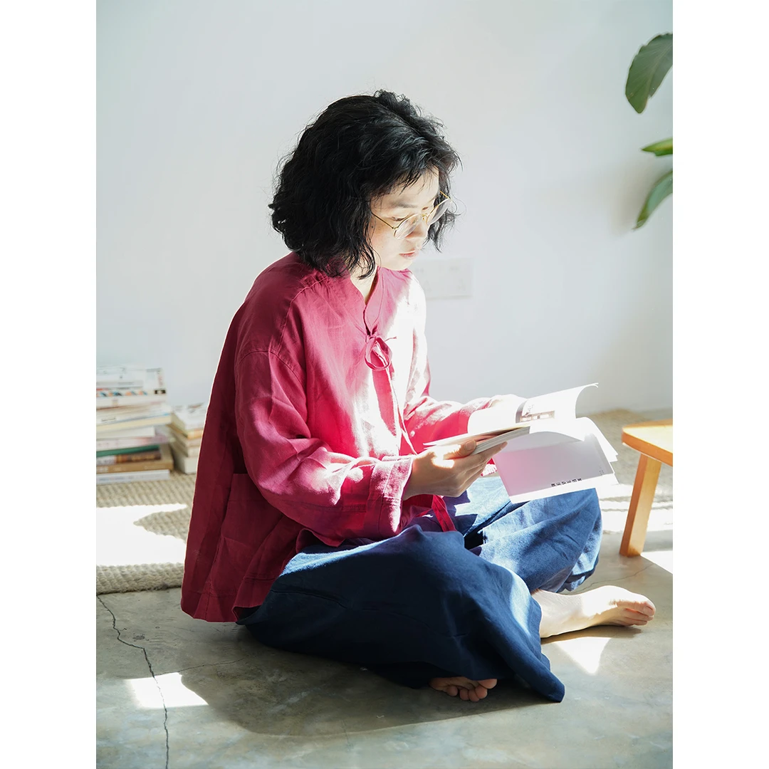 100麻 小众设计师款玫红色衬衣