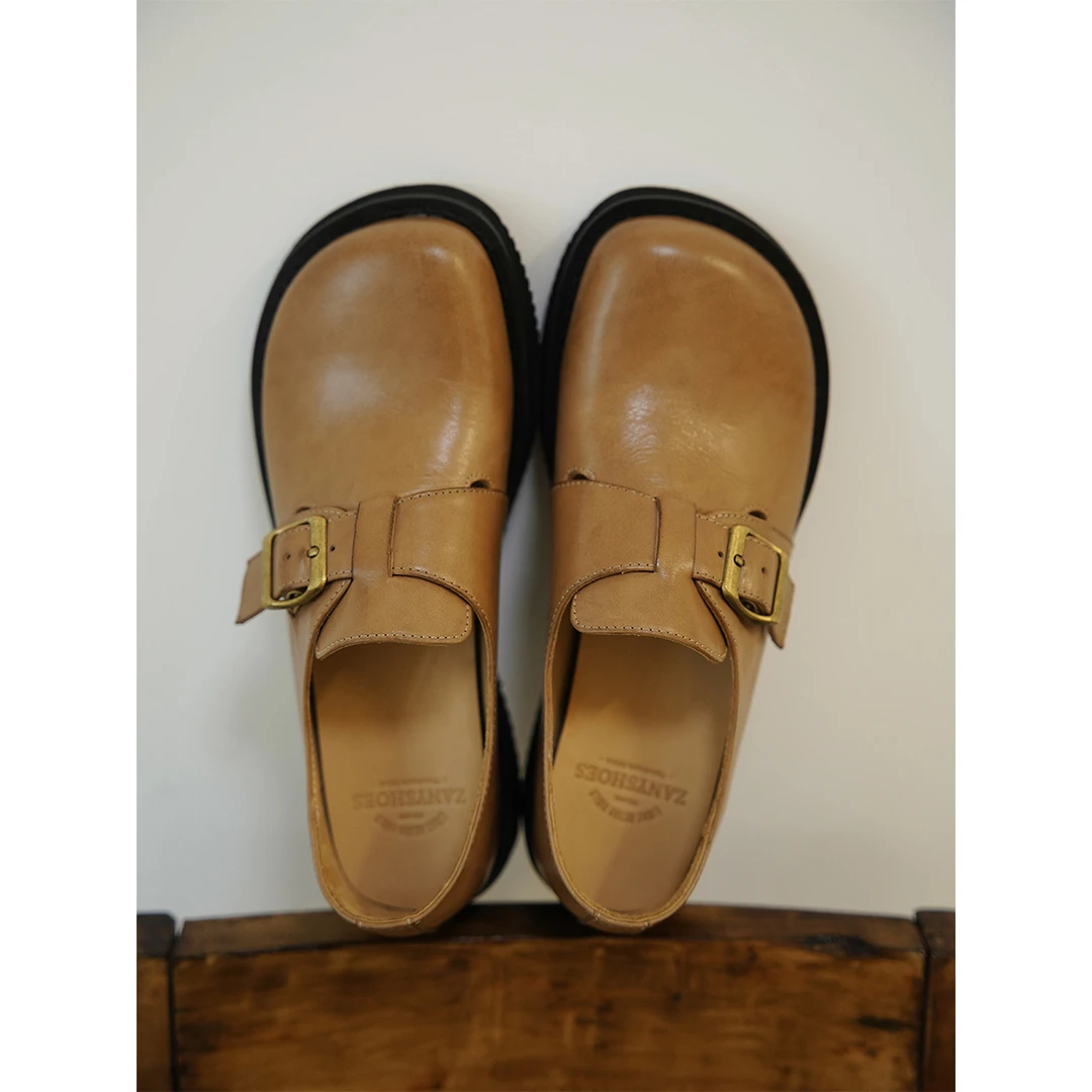 厚底皮带扣头层牛皮擦蜡不规则小皮鞋