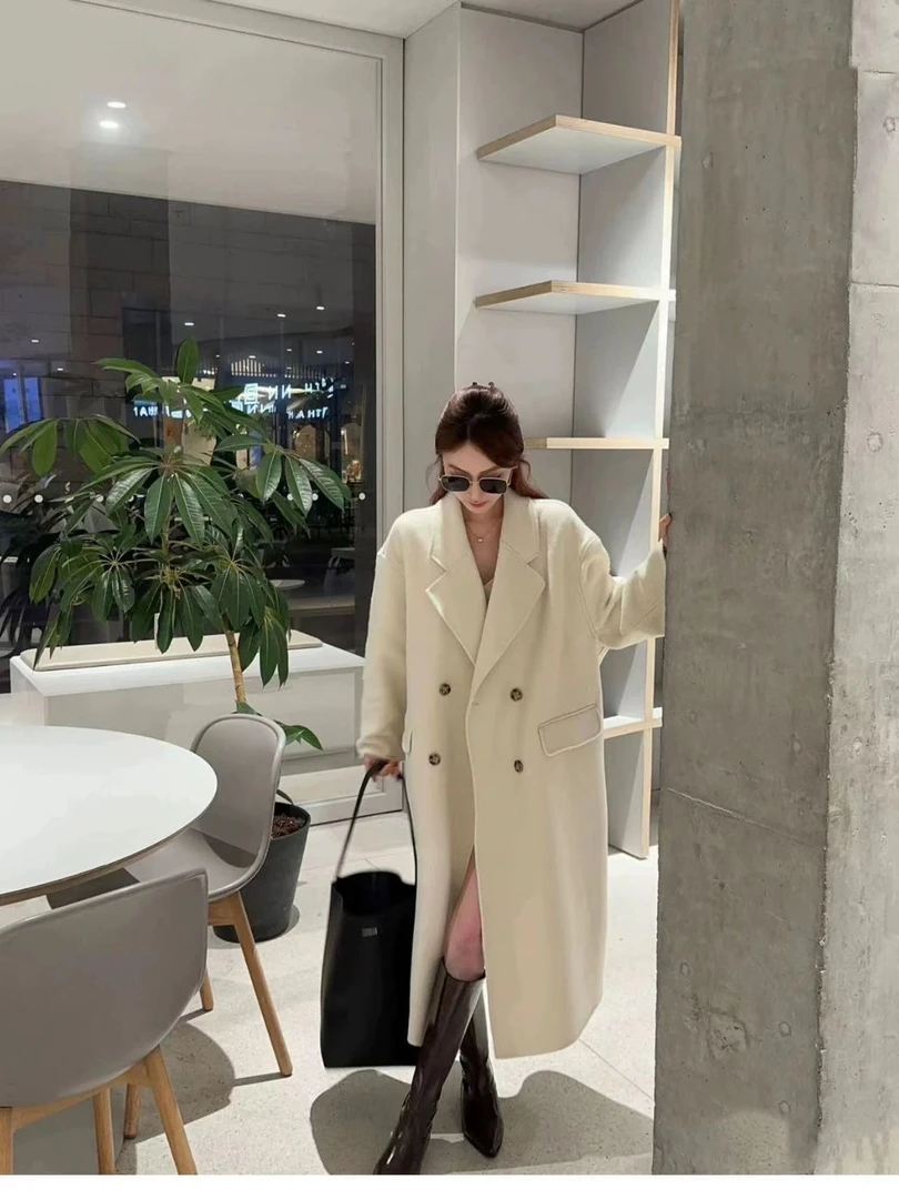 【海盐玫瑰】韩系2024双排扣中长款高级双面羊毛大衣女秋冬百搭