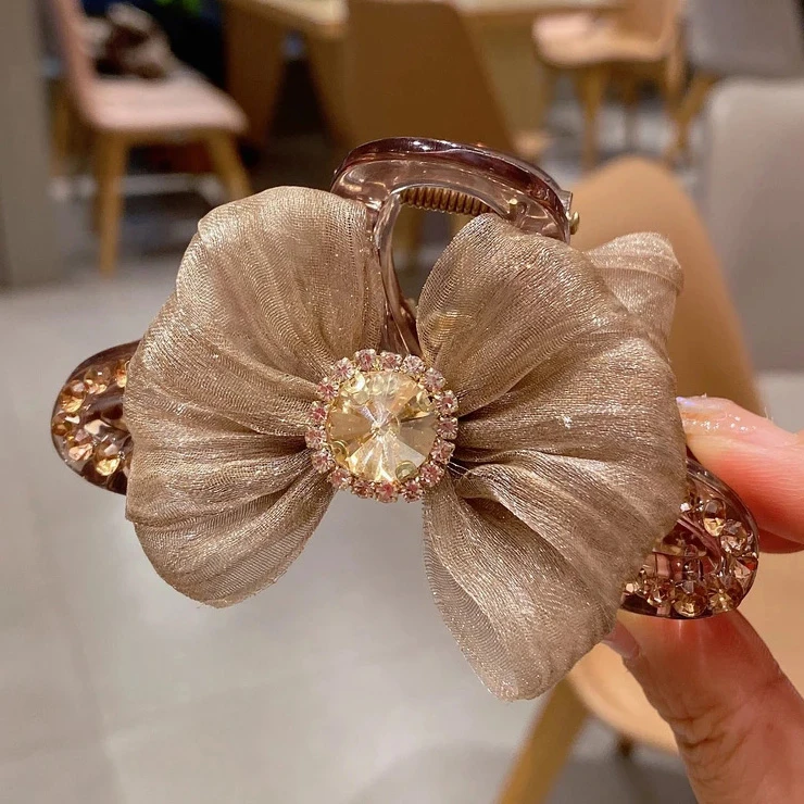 【976】香槟色流光纱蝴蝶结满钻方糖抓夹后脑勺发饰发夹轻奢气质