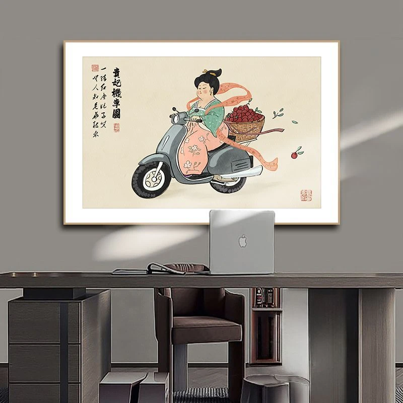 贵妃骑车搞笑挂画国潮餐厅饭馆装饰画创意关公摩托创意仕女图壁画