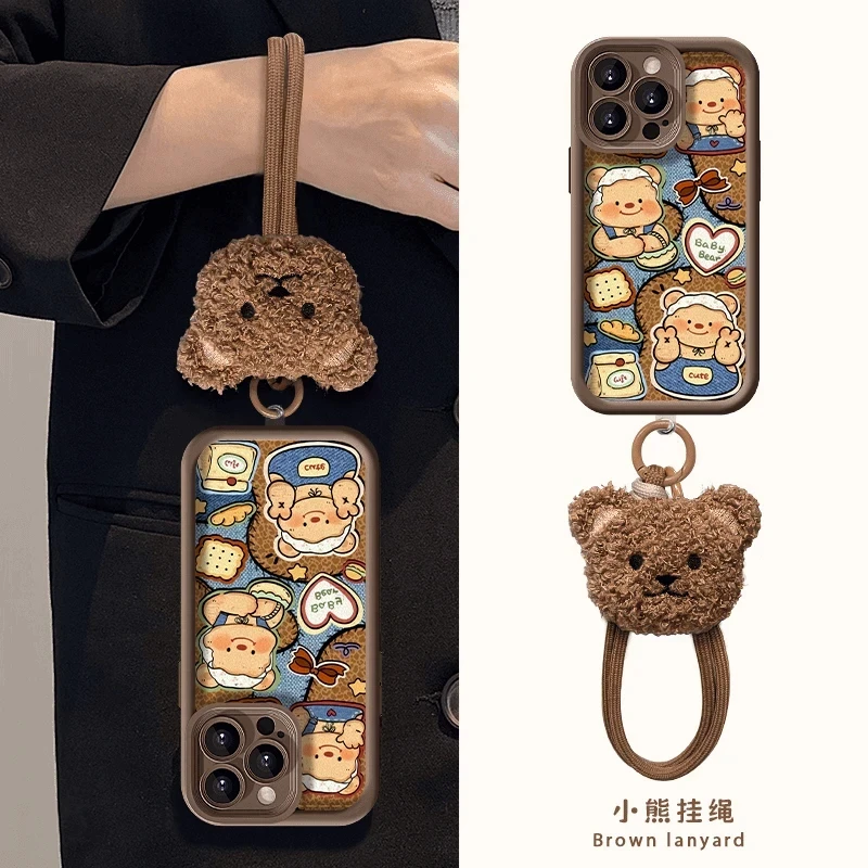 秋冬黄油小熊适用苹果16/15华为p70vivo挂绳oppo小米14手机壳软套