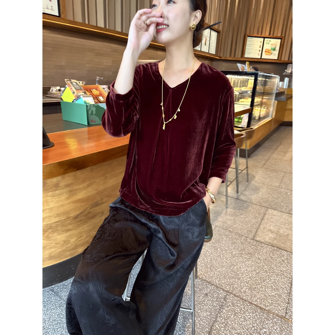 【老罗家】原创丝绒衬衫女桑蚕丝绒V领长袖宽松显瘦休闲时尚上衣