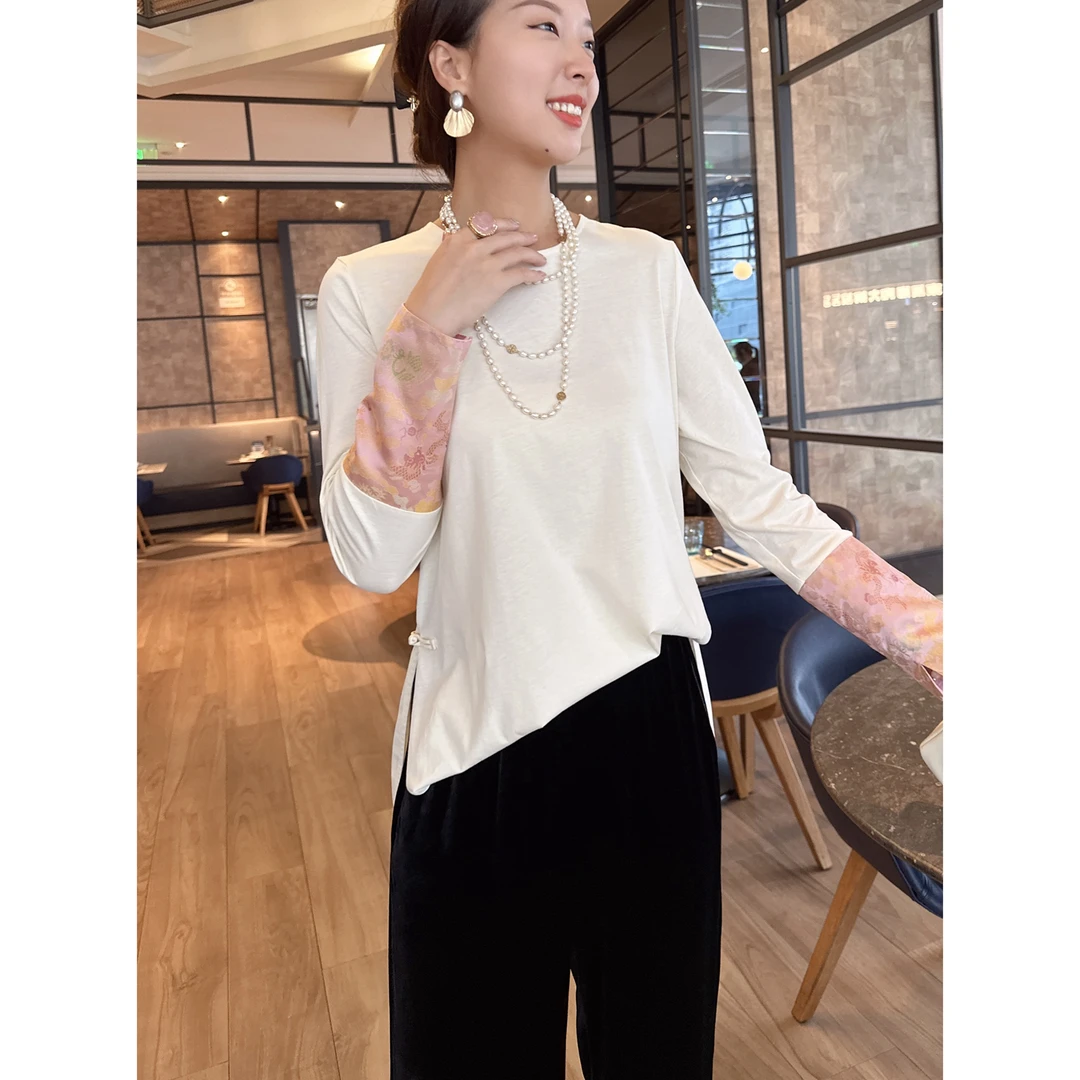 【老罗家】原创打底衫女秋冬新款新中式棉拼宋锦宽松显瘦长袖打底衫