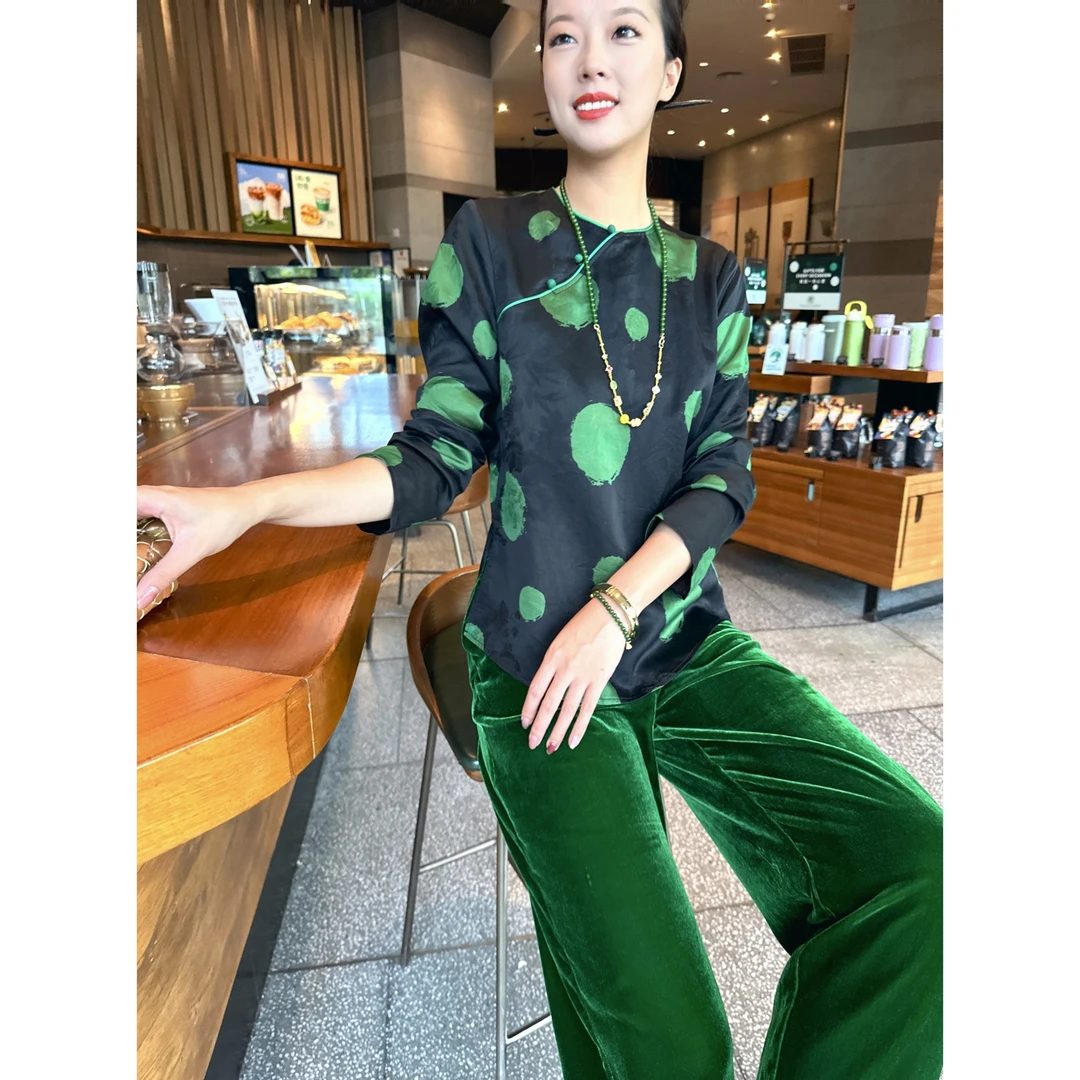 【老罗家】原创真丝衬衫女桑蚕丝红云纱花罗波点长袖新中式气质上衣