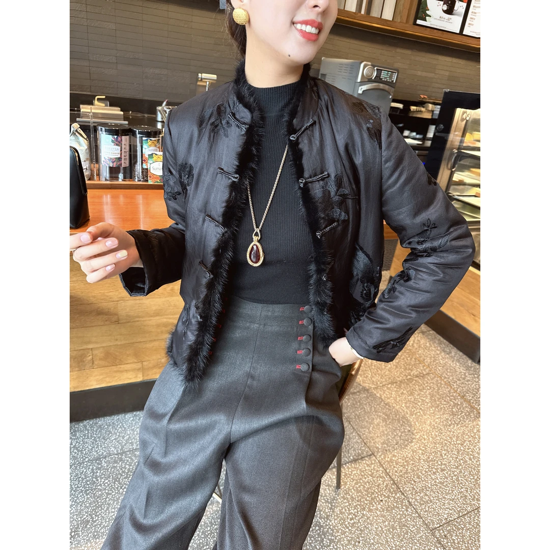 【老罗家】原创真丝棉衣女重工桑蚕丝绣花短款棉服黑色新中式外套