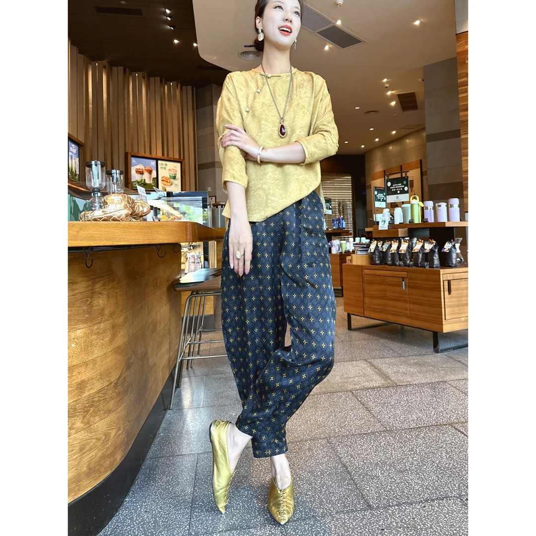 【老罗家】原创香云纱休闲裤女高定桑蚕丝红云纱花罗正反两穿灯笼裤