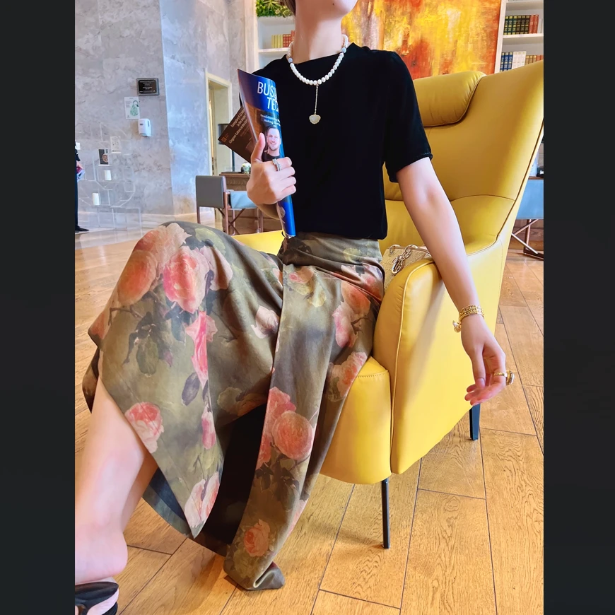 【老罗家】原创香云纱半身裙春夏新款重磅桑蚕丝绢纺印花中长半裙