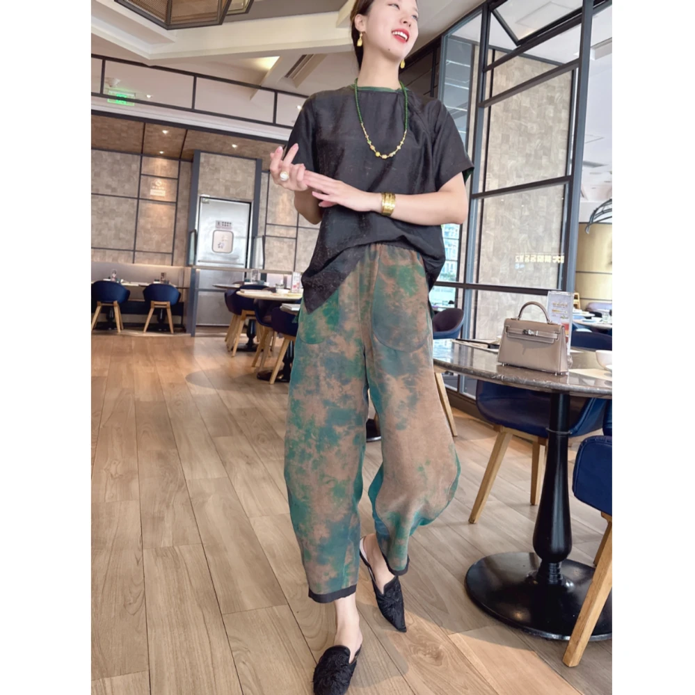 【老罗家】原创真丝套装女新款桑蚕丝香云纱双面穿上衣+裤子两件套