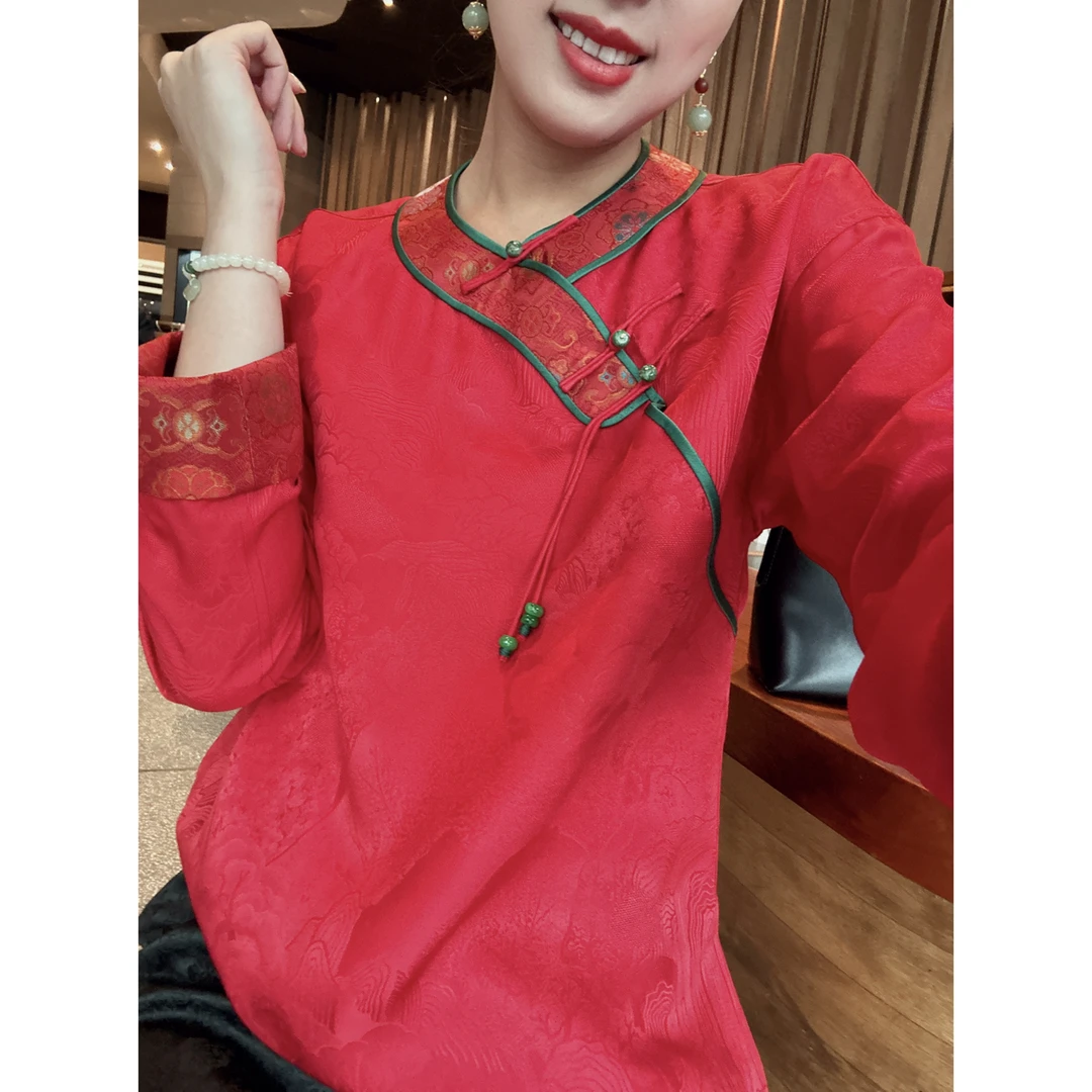 【老罗家】原创真丝衬衫女重磅桑蚕丝花罗拼宋锦长袖复古中国风上衣