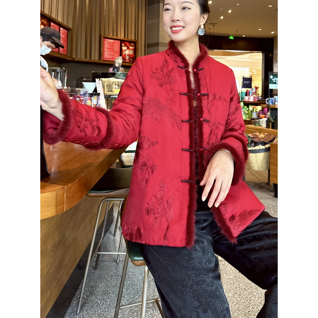 【老罗家】原创真丝棉衣女桑蚕丝绣花新中式棉服复古加棉中长款外套