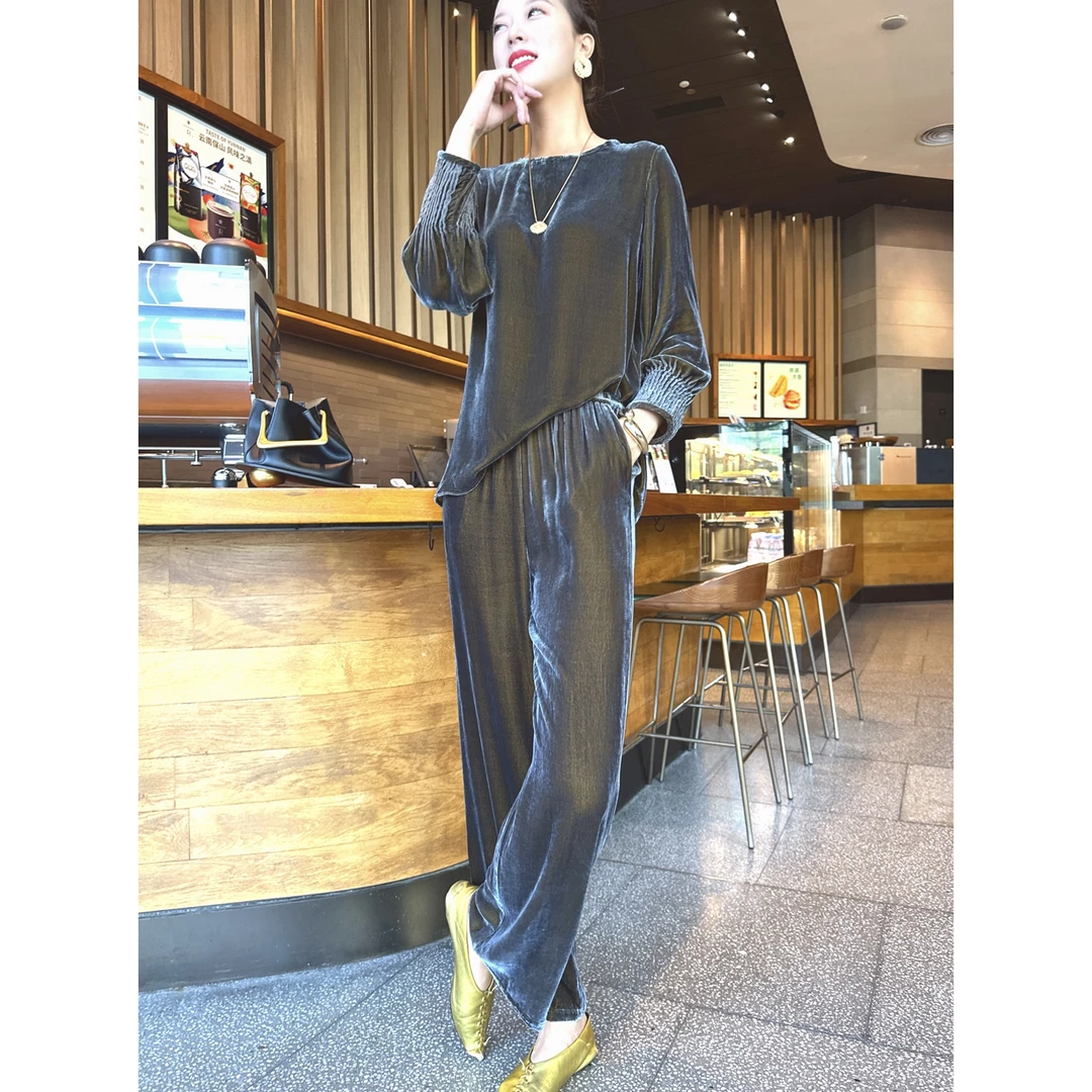 【老罗家】原创真丝休闲裤女桑蚕丝绒松紧腰长裤宽松气质纯色直筒裤