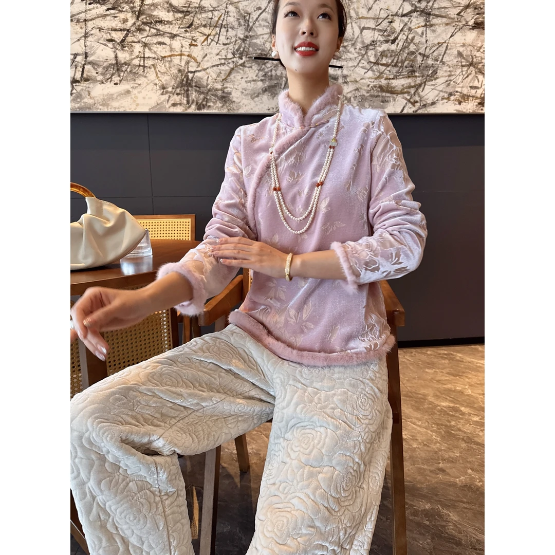 【老罗家】原创丝绒衬衫女新中式金线桑蚕丝绒烧花立领气质减龄衬衣