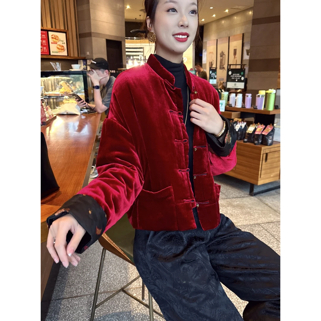 【老罗家】原创丝绒棉衣女桑蚕丝绒立领红色棉服加棉新中式气质外套
