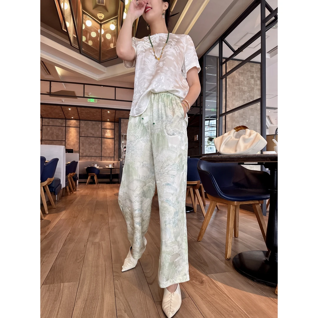 【老罗家】原创真丝女裤桑蚕丝花罗印花显瘦长裤薄款休闲直筒裤子