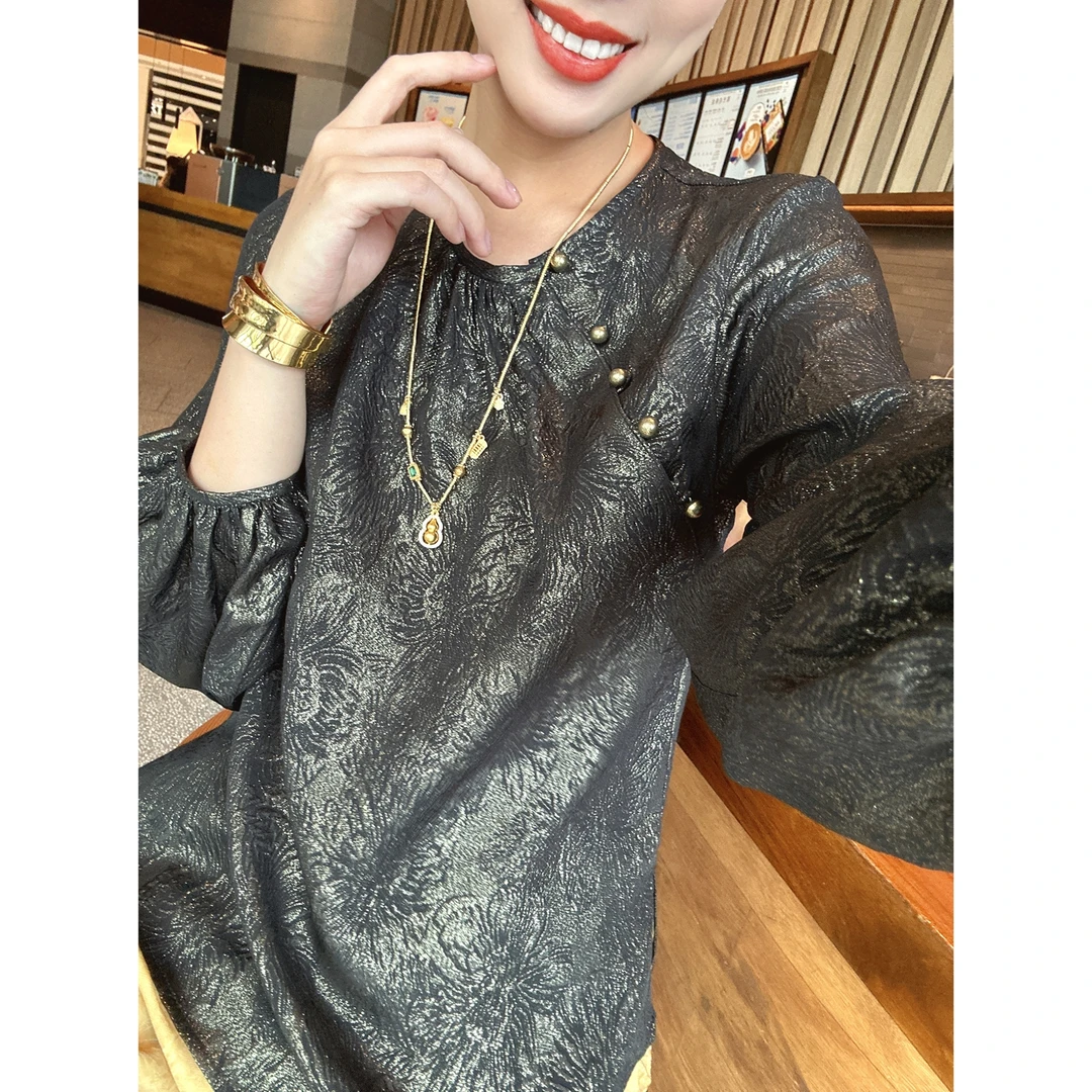 【老罗家】原创真丝衬衫女桑蚕丝金线提花宽松长袖气质中式圆领上衣