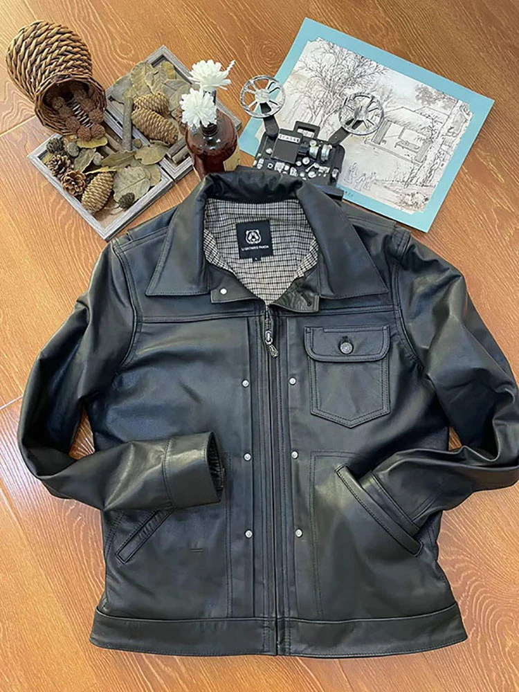 无涂牛皮复古阿美咔叽111MJ改良收腰拉链款一兜真皮翻领夹克