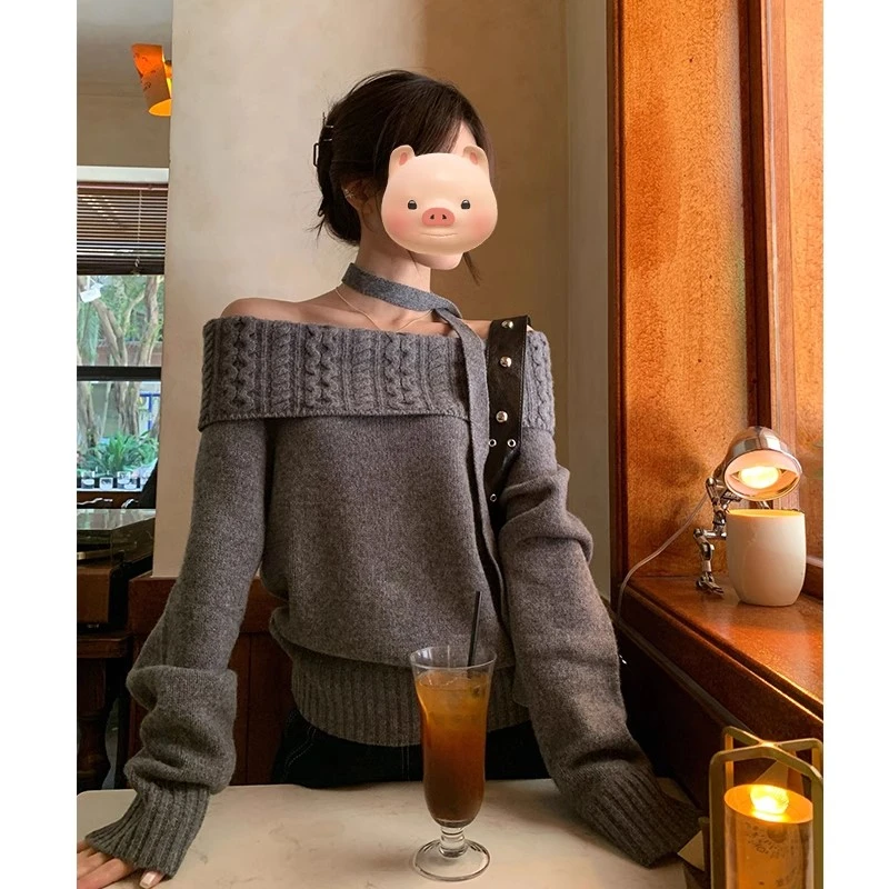 开春韩系穿搭灰色一字肩针织衫女春季慵懒风毛衣宽松露肩长袖上衣