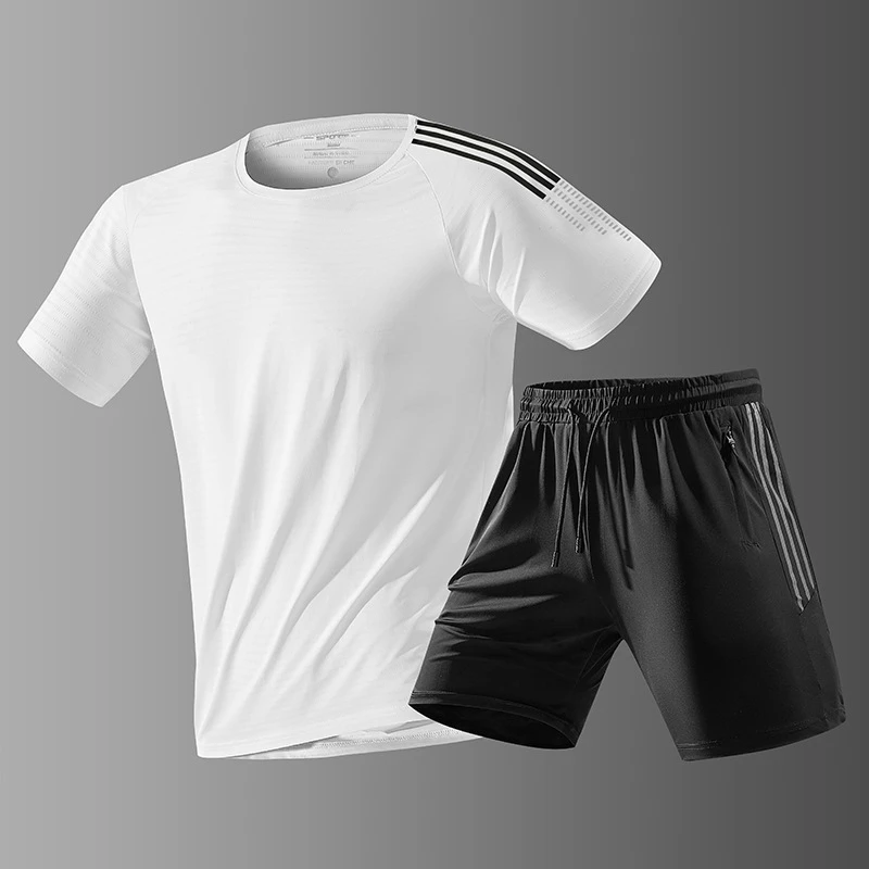 冰丝运动套装男女夏季速干短袖短裤跑步健身服两件套定制logo
