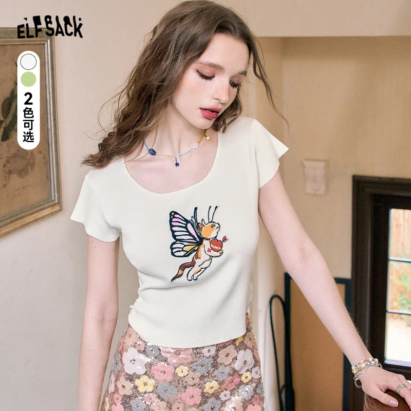 妖精的口袋猫咪丘比特温柔短袖针织衫2024夏修身显瘦14206036