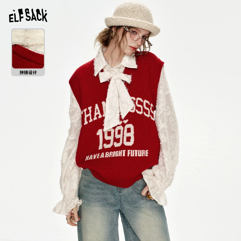 【新年穿搭】妖精的口袋浪漫捷径假两件拼接红色针织衫女24406064