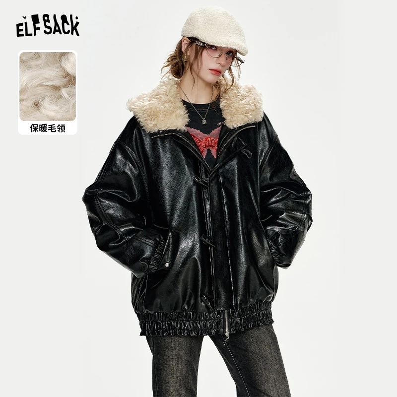 妖精的口袋仿pu皮黑色大毛领皮衣2024冬甜酷风高级外套24437002