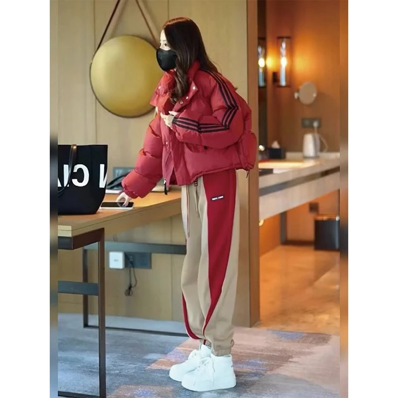 红色棉服外套女冬季2024年新款今年流行爆款短款面包服卫裤两件套