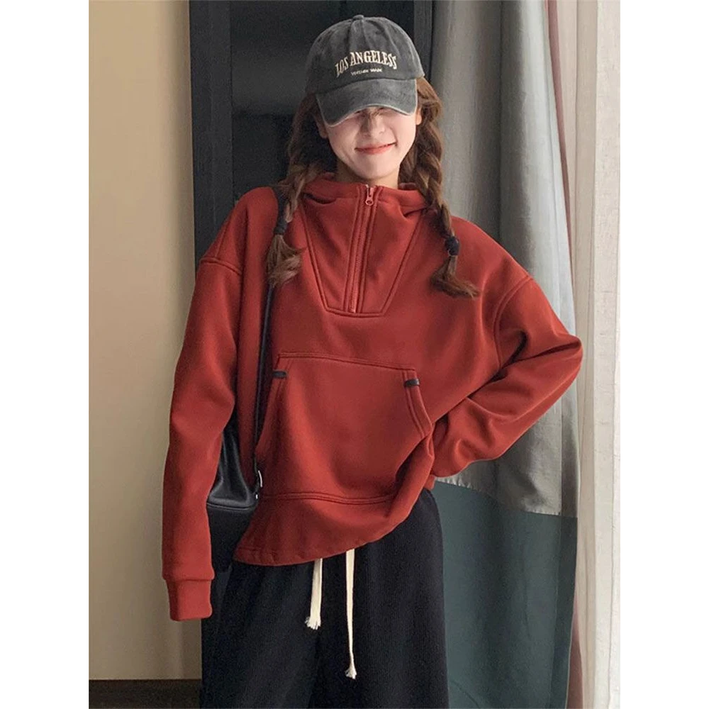 高含棉春季2025新款韩版时尚红色连帽卫衣女高级感小个子上衣女