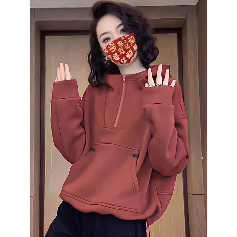 欧货原创时尚半拉链连帽卫衣女秋季设计百搭今年流行保暖套头上衣