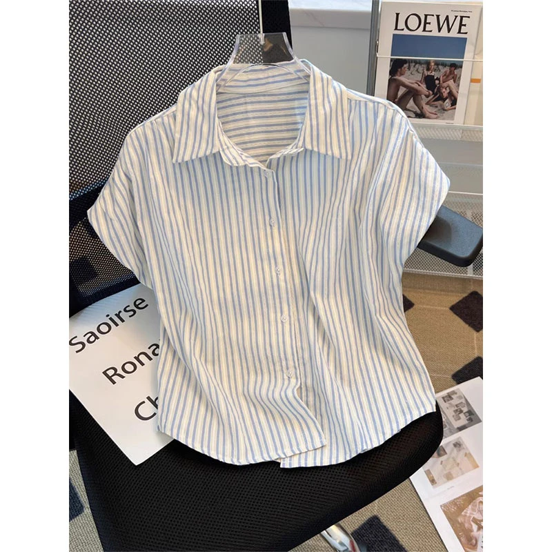 韩系慵懒时尚polo领条纹衬衫女2025夏季新款休闲百搭坎肩撞色衬衣