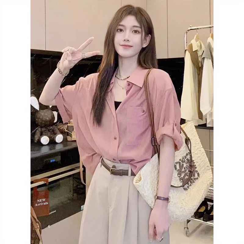 港味复古粉色衬衫上衣薄款女夏季2025新款气质显瘦宽松外搭防晒衫