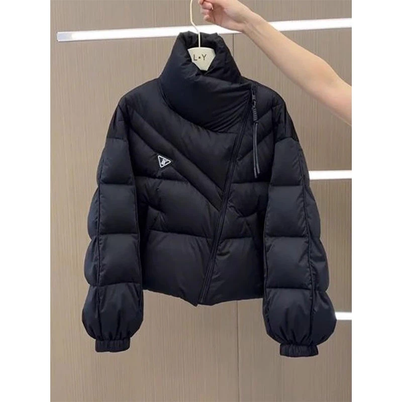 黑色立领不规则拉链棉服外套女冬季加厚设计感气质外穿面包服上衣