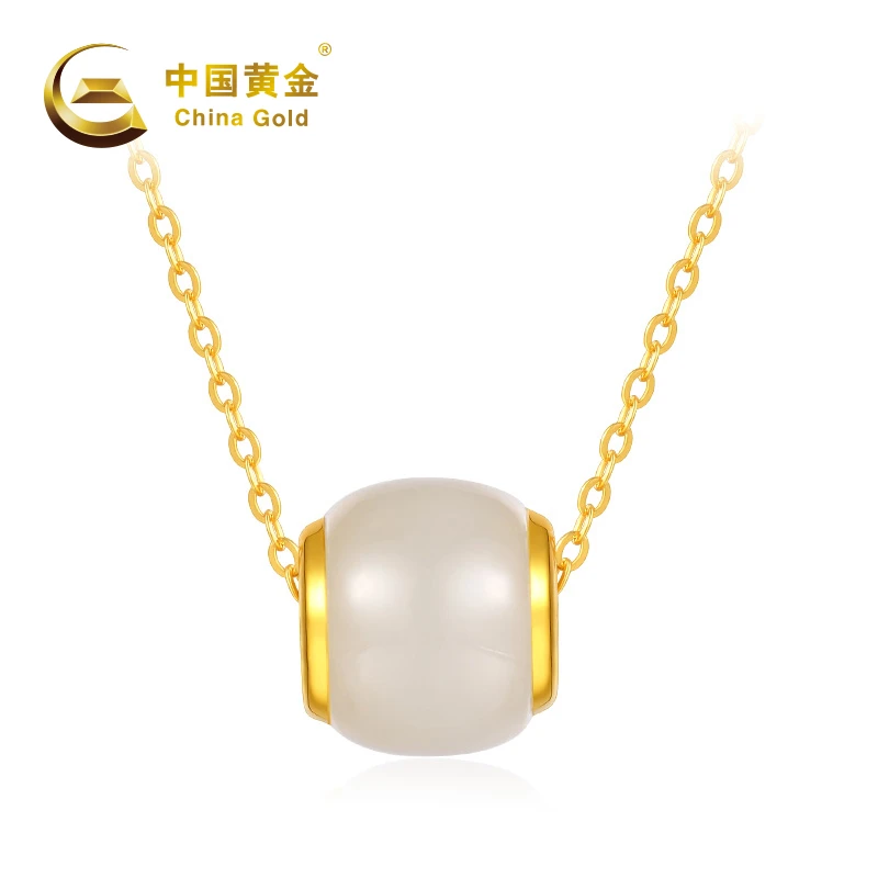 【中国黄金】B2683#金风玉露 足金999镶和田玉吊坠简约古法五金女孩