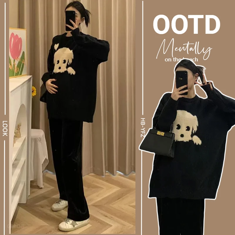 孕妇装绵羊绒孕妇装毛衣秋冬装新款小狗狗针织衫孕妇上衣