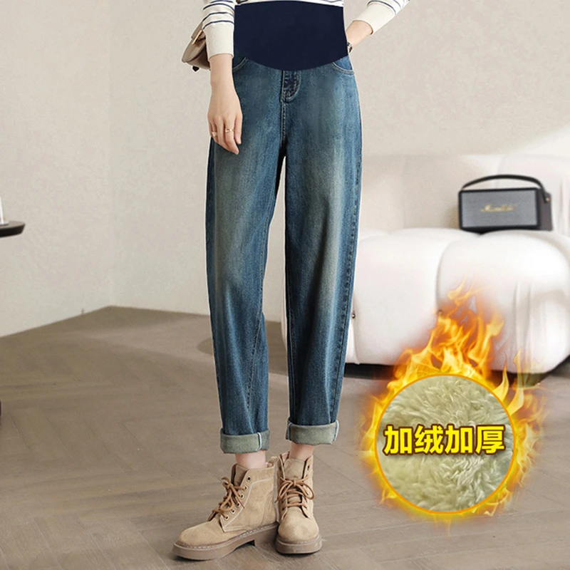 孕妇老爹裤新款高弹软牛仔宽松百搭显瘦秋冬加绒外穿孕妇牛仔裤
