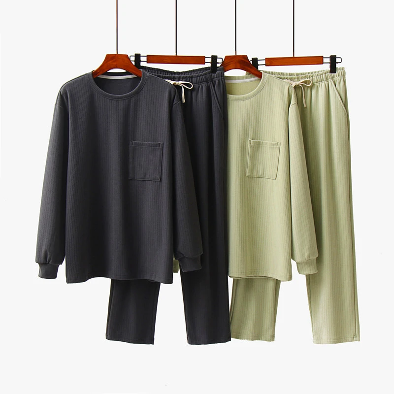 大码男士德绒家居服套装长袖双面薄绒宽松居家睡衣裤秋冬季可外穿