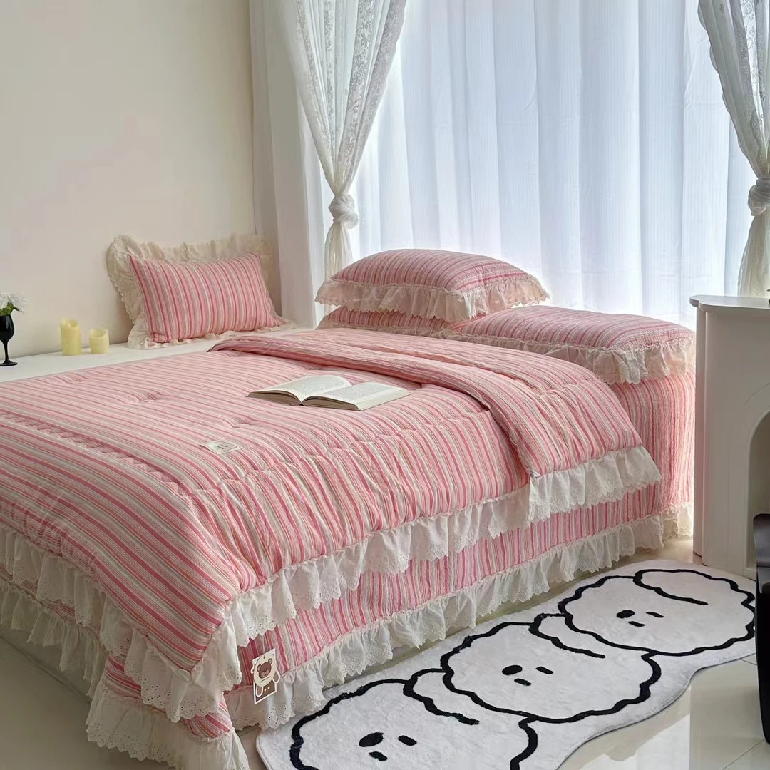 无印风花边款高温砂洗床盖三件套四件套