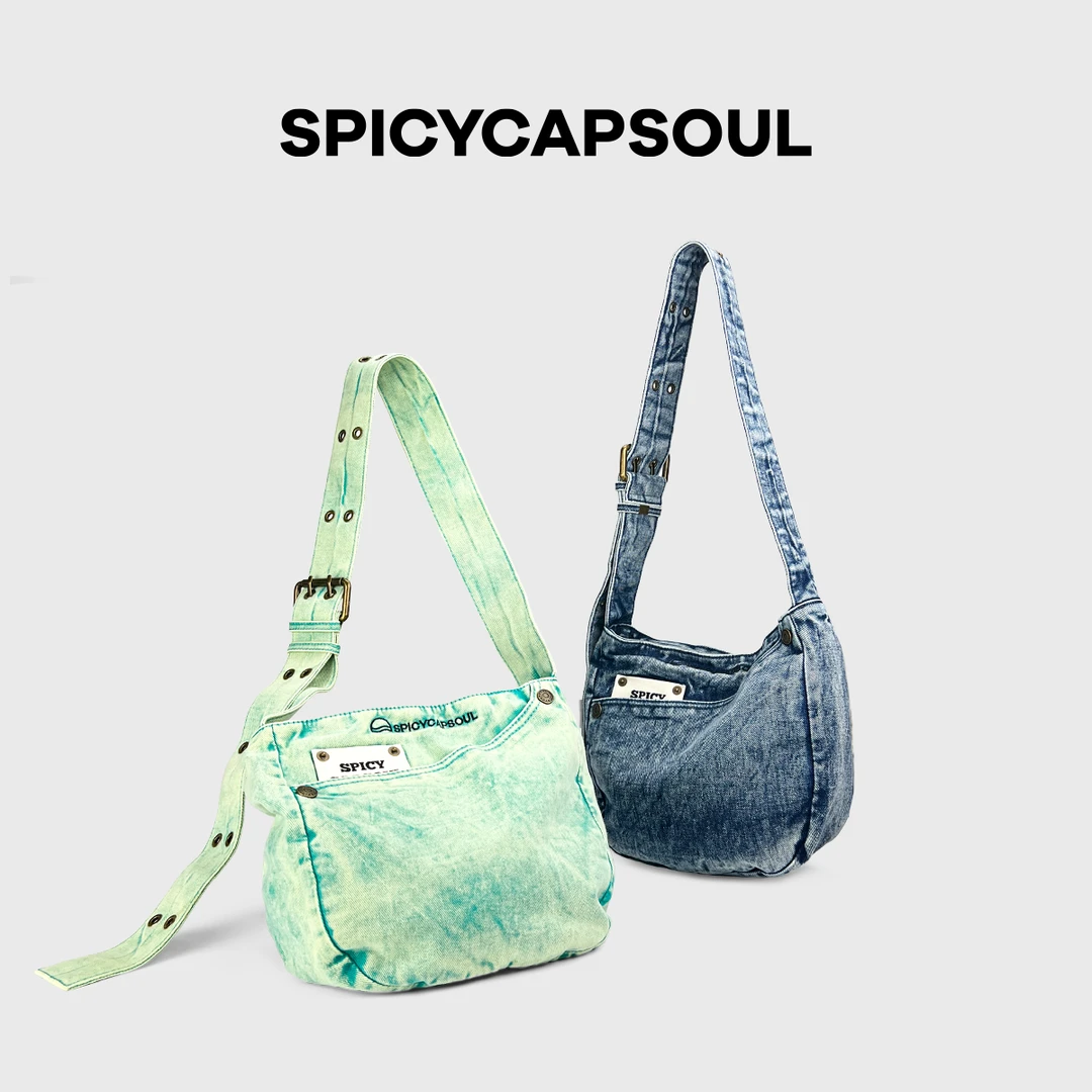 【开心马骝】SpicyCapsoul原创街头少年感水洗牛仔港风小众邮差包
