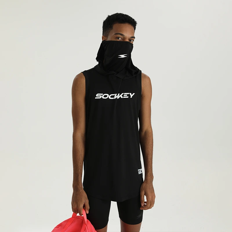 SOCKKEY连帽防风口罩版运动无袖t恤投篮服速干美式篮球训练服上衣