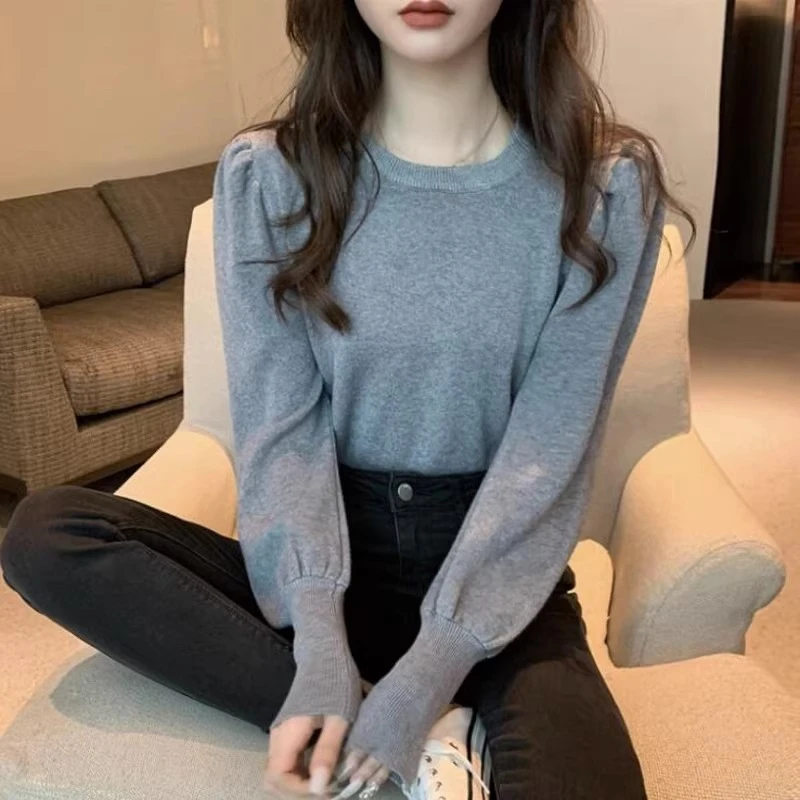 泡泡袖针织衫女秋冬季设计感小众长袖毛衣内搭法式别致打底衫上衣