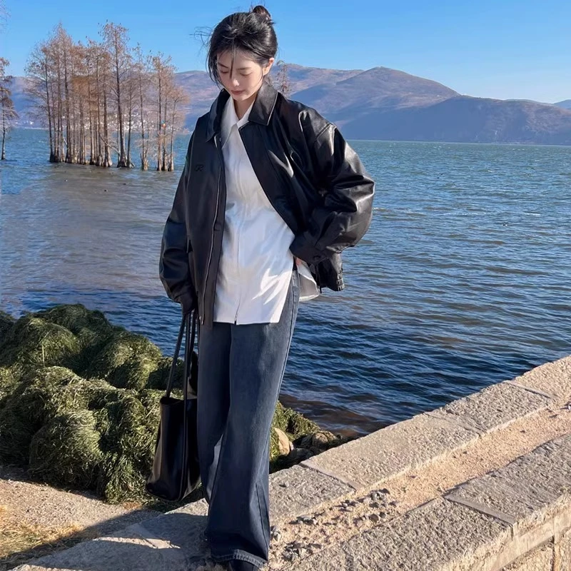 时尚皮衣外套西装女款2025新款秋季百搭机车短款黑色夹克小个子