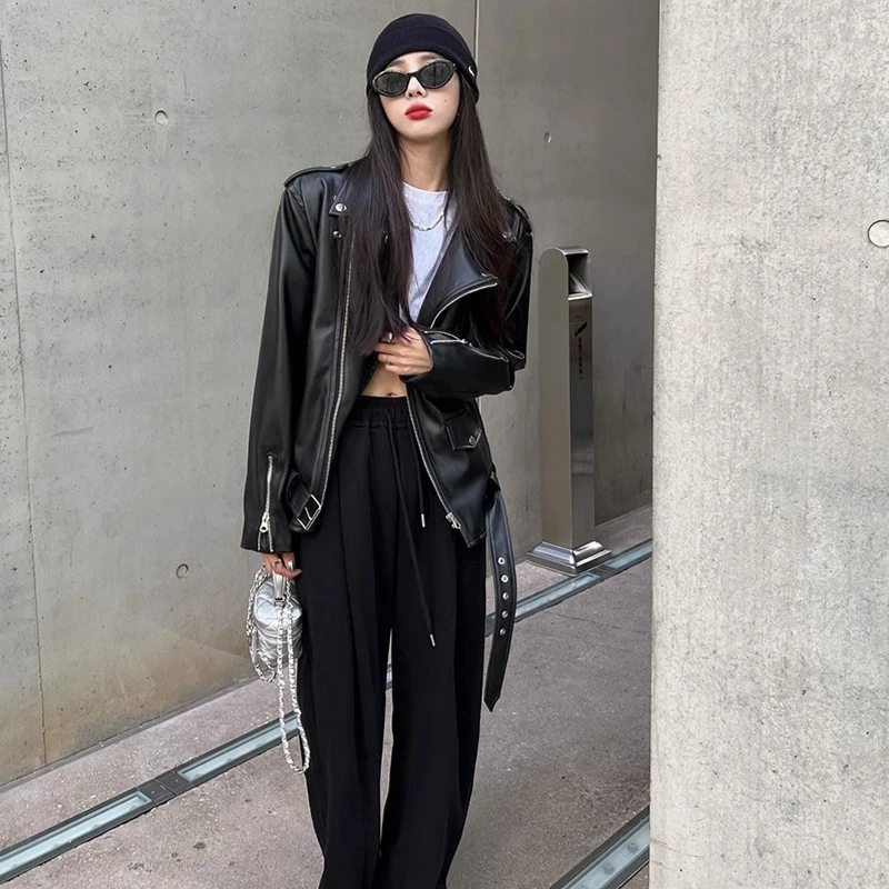 秋季ins街头黑色皮衣外套女宽松oversize夹克大码PU皮气质机车服