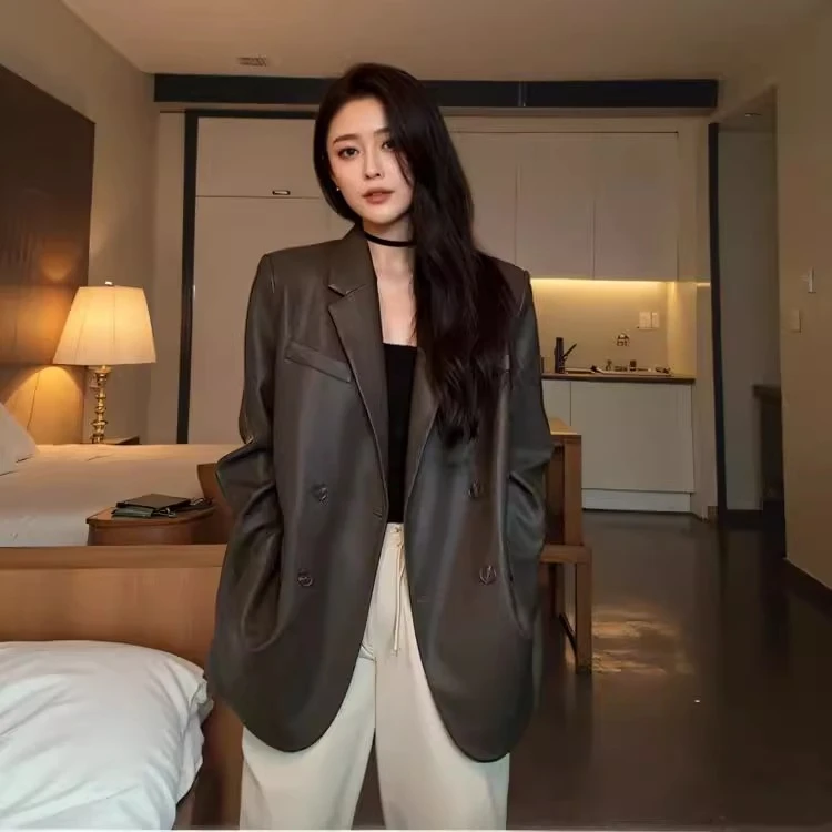 2025秋季新款黑色复古PU皮衣西装外套女宽松休闲气质高级感上衣女