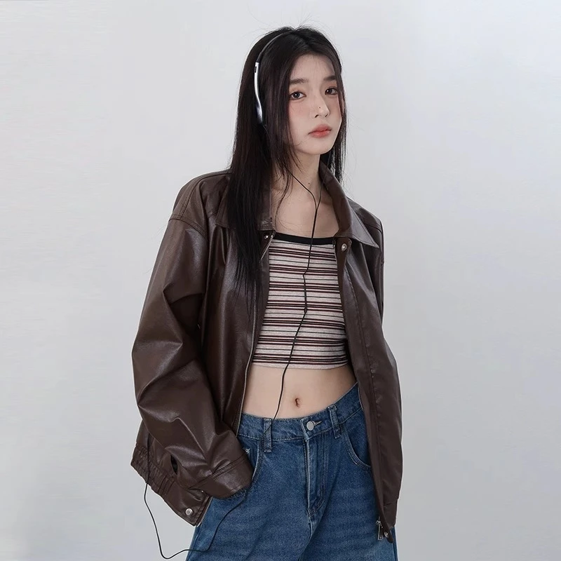 【厂家直发】美拉德棕色皮衣外套女2025新款秋冬美式复古pu夹克机车