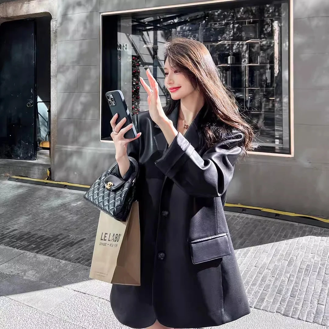 2025秋季新款大码黑色高级感PU皮西装外套女胖mm宽松休闲廓形皮衣