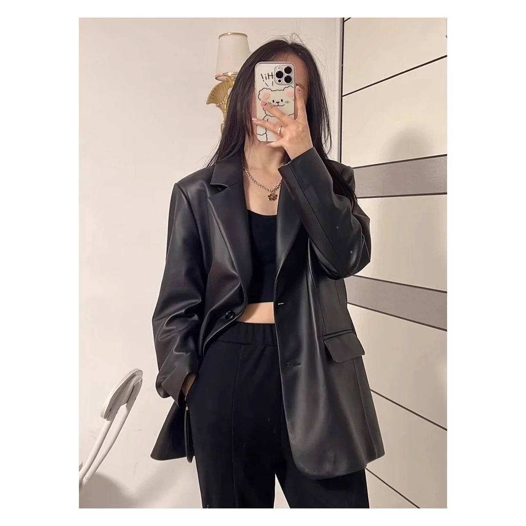黑色西装海宁皮衣外套女2025新款PU软皮高级感炸街宽松休闲西服潮